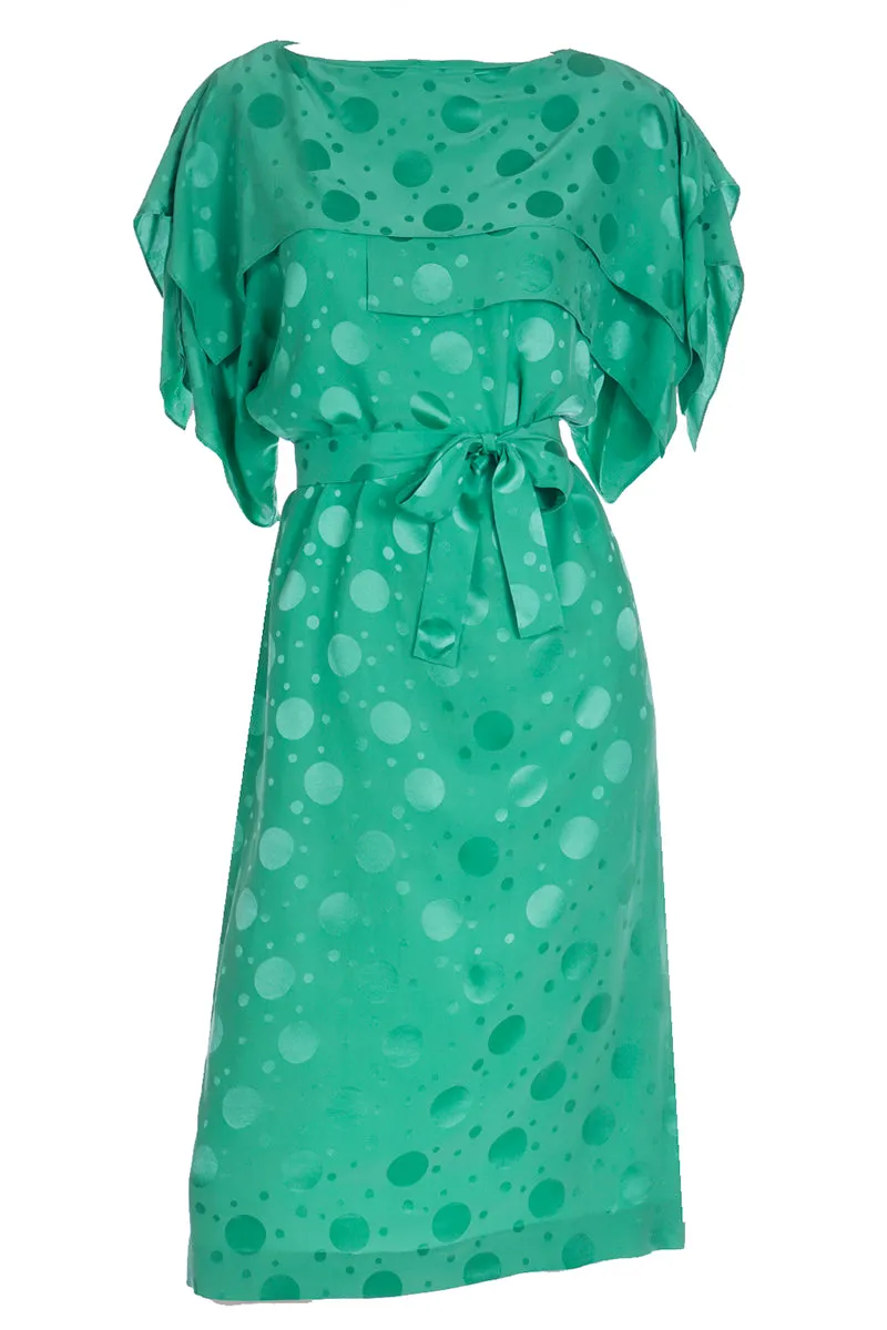 1970s Green Silk Tonal Dot Print Dress w Tiered Sleeves & Sash Belt