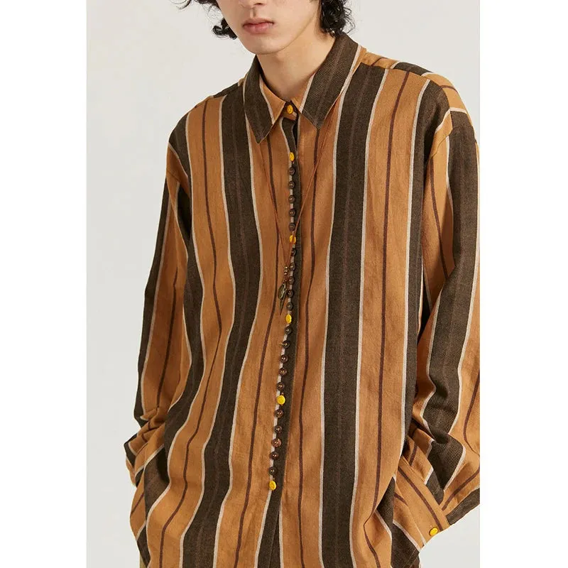 Aidase Men Trendy Japanese Style Vintage Streetwear Striped Print Button Up Shirts Y2K Youth Male Casual Long Sleeve Oversize Chic Tops