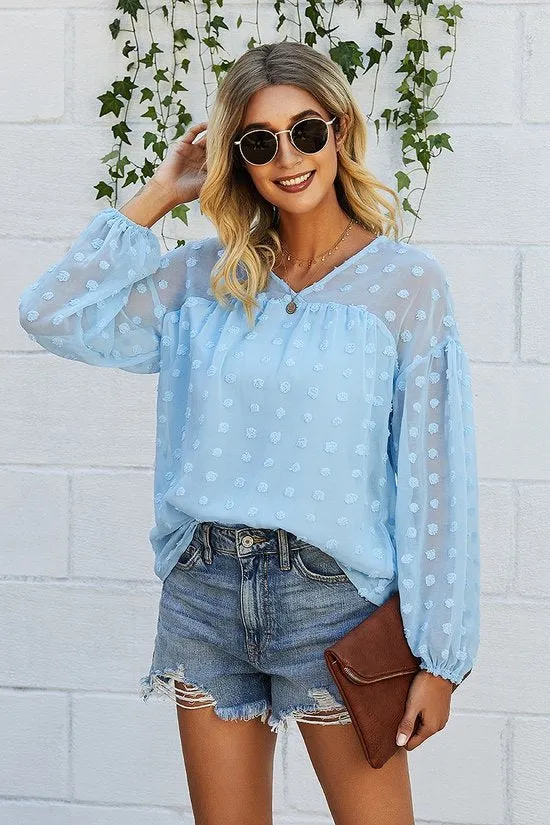 Baby Blue Swiss Dot Long Sleeve Top