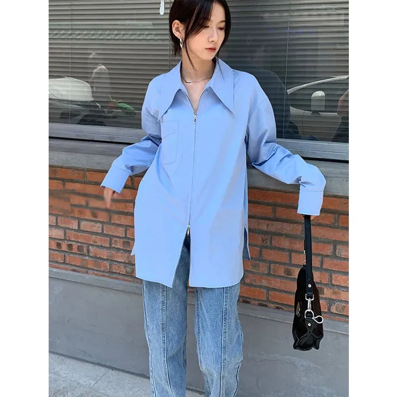 Basic Office Lady Polo Neck Loose Shirts Straight Solid Color Chic Zipper Fashion Female Streetwear Korean Style Shirts