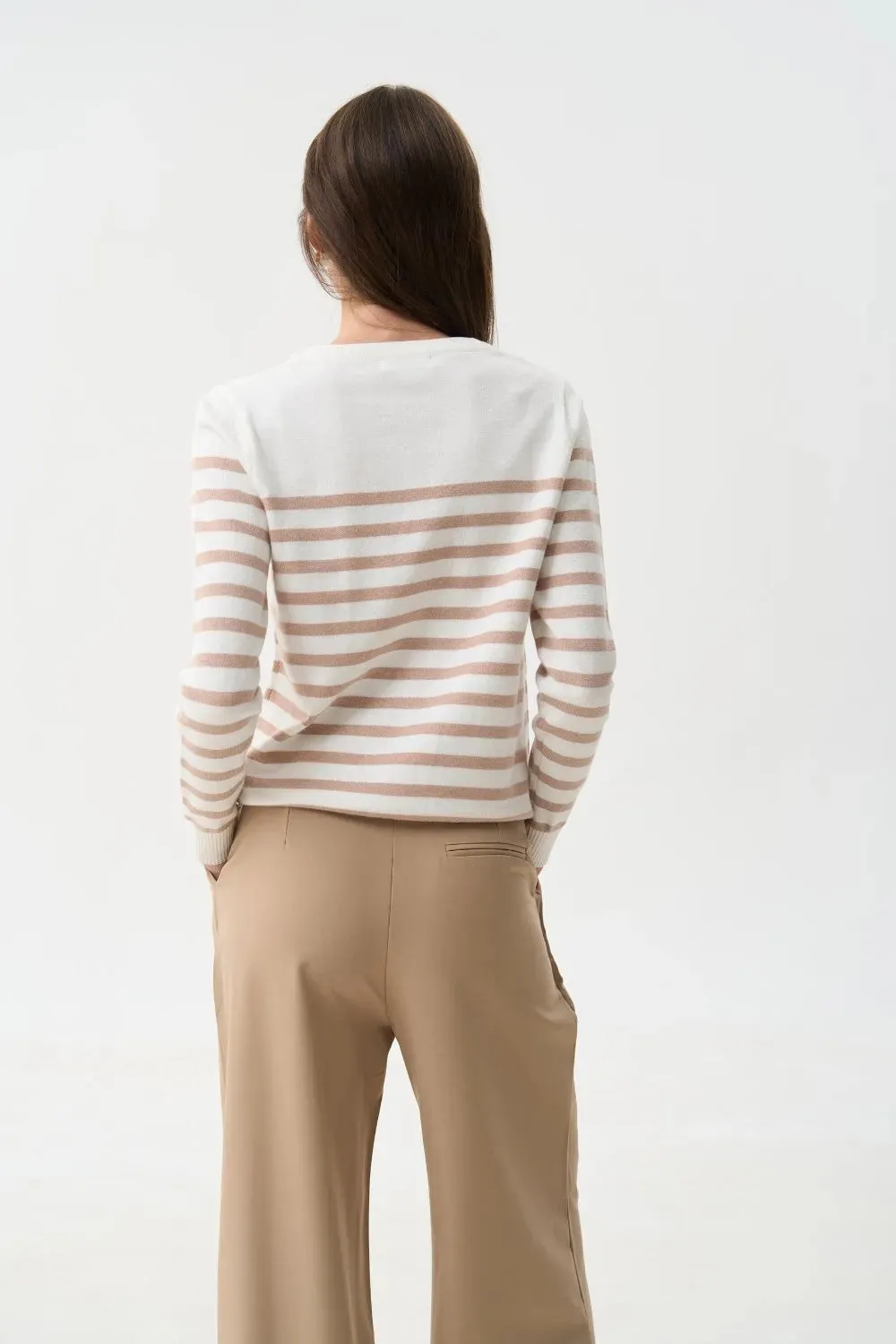 Beige Striped Knit Sweater with a Crew Neck