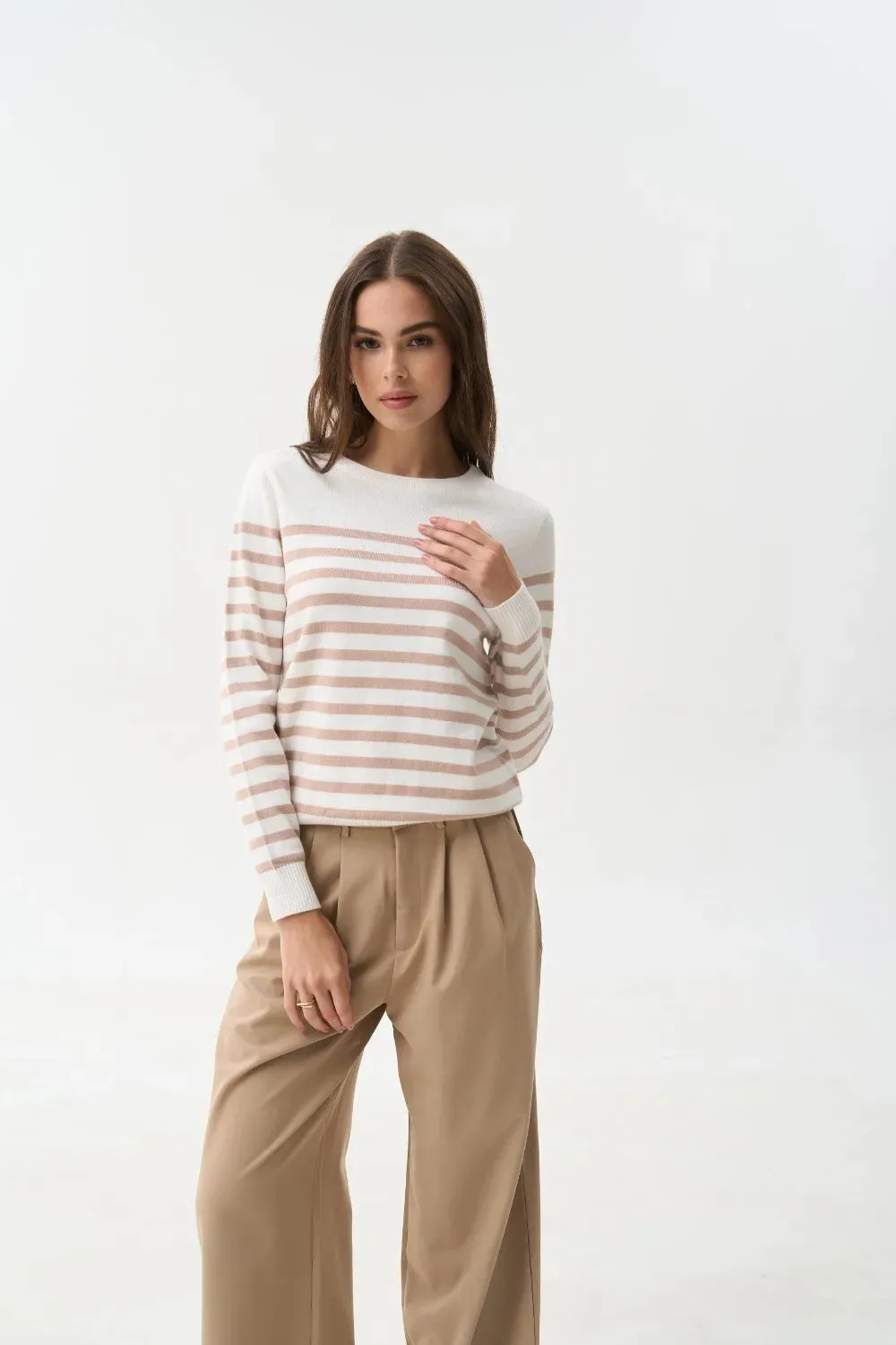 Beige Striped Knit Sweater with a Crew Neck