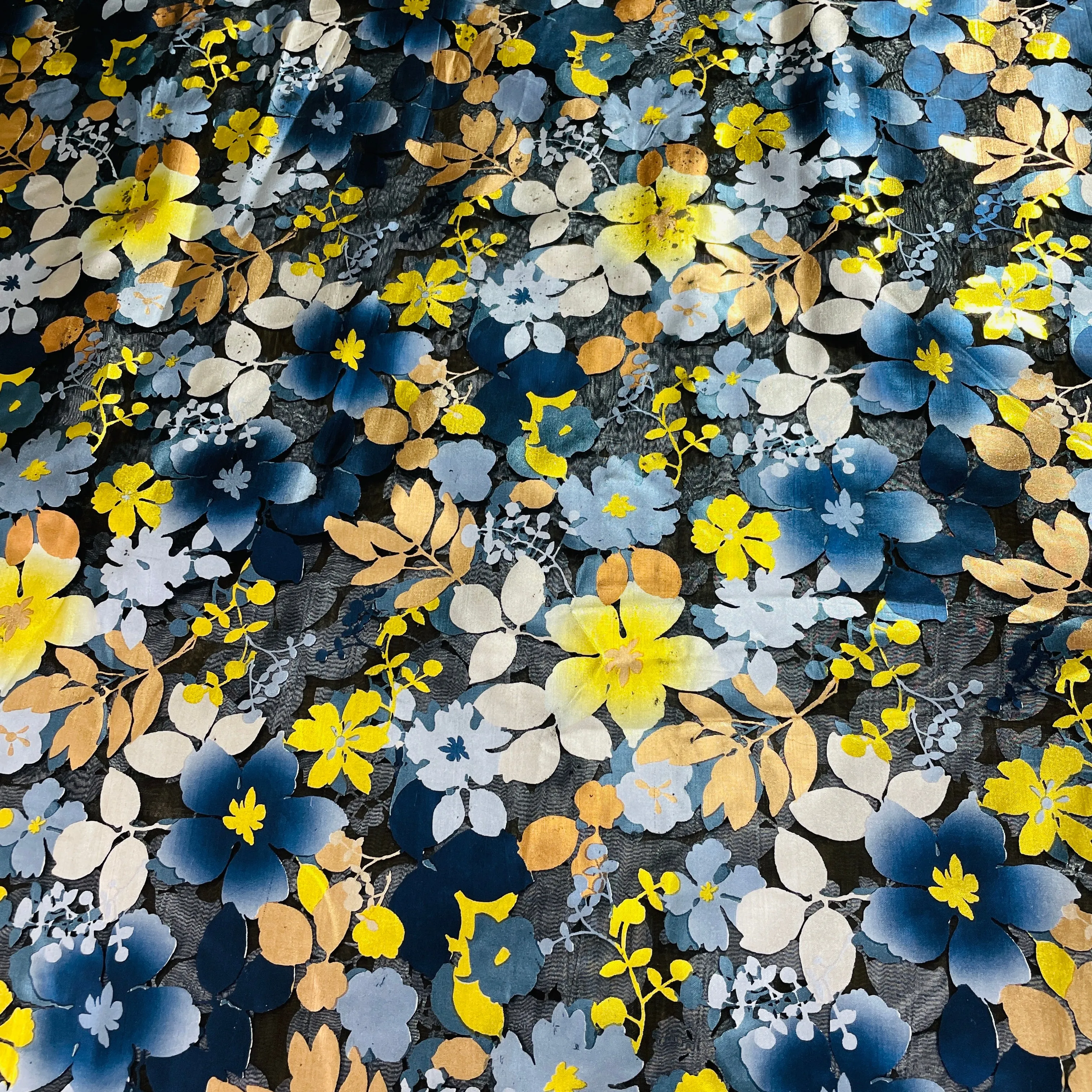 Black & Multicolor Floral Foil Organza Fabric