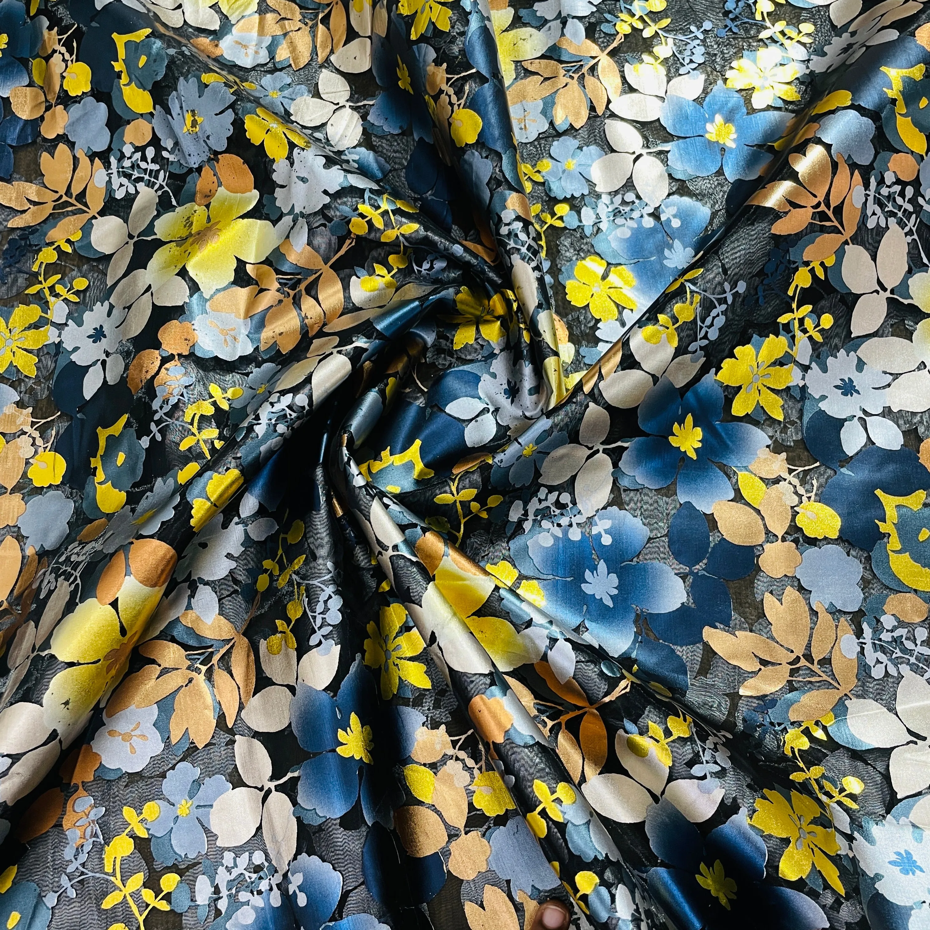 Black & Multicolor Floral Foil Organza Fabric