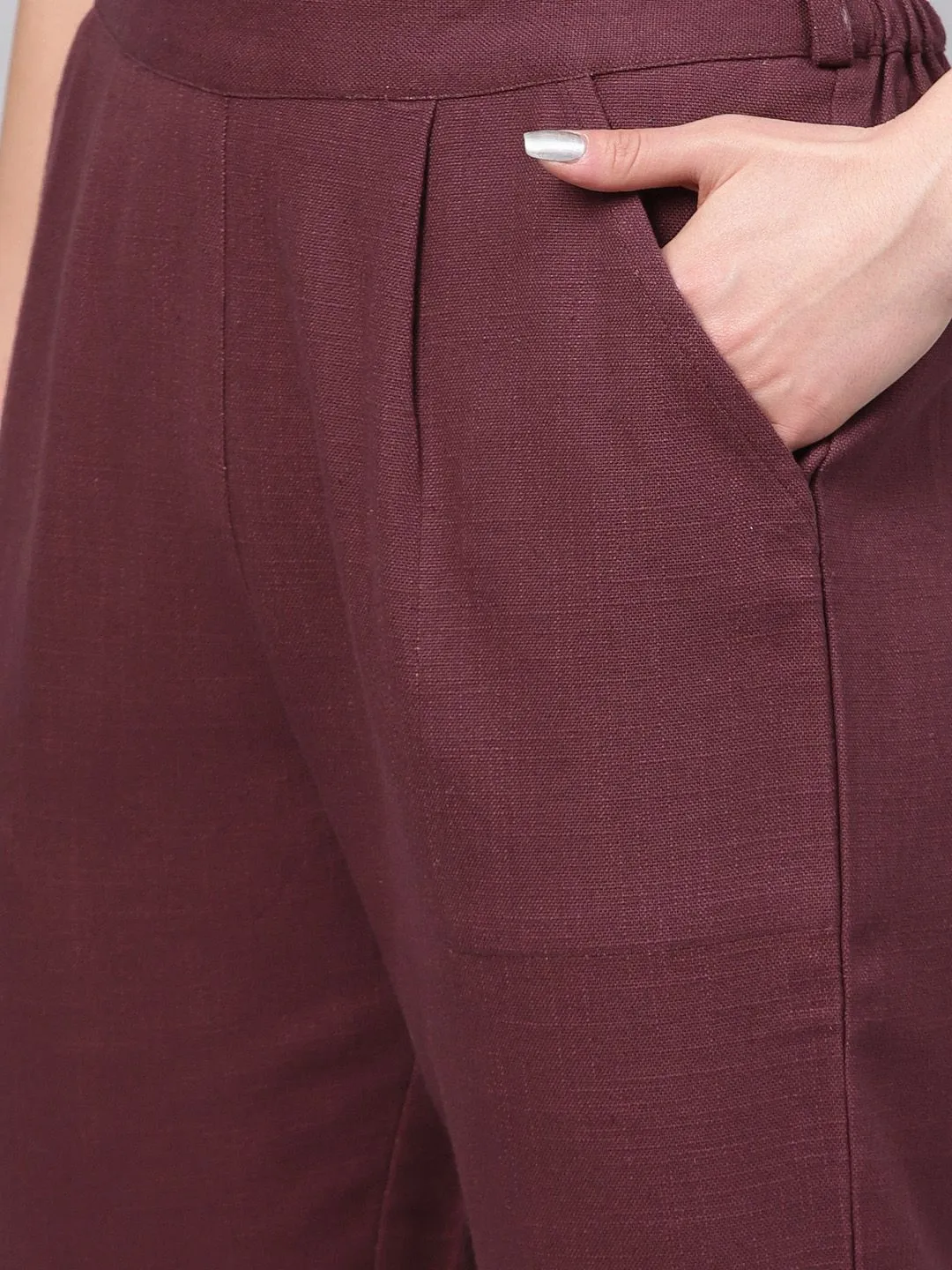 Burgundy Solid Cotton Slub Straight Pants