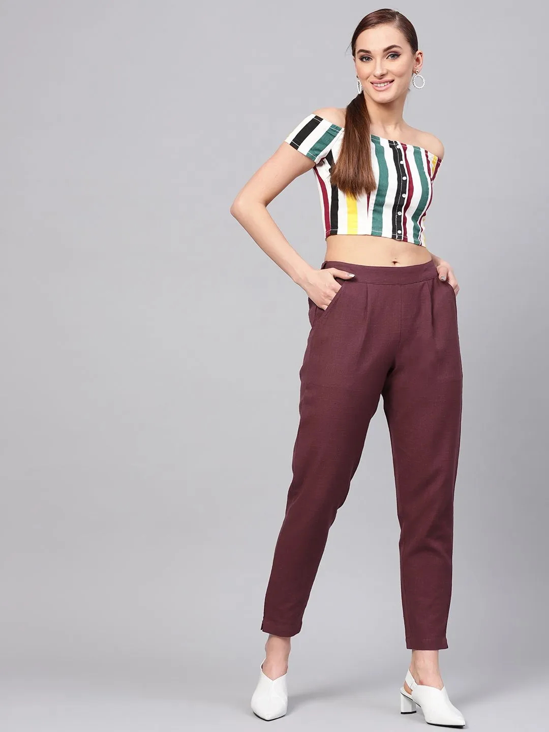 Burgundy Solid Cotton Slub Straight Pants