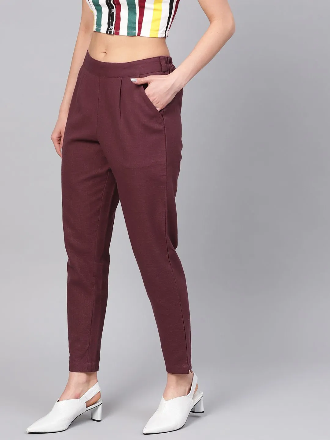 Burgundy Solid Cotton Slub Straight Pants