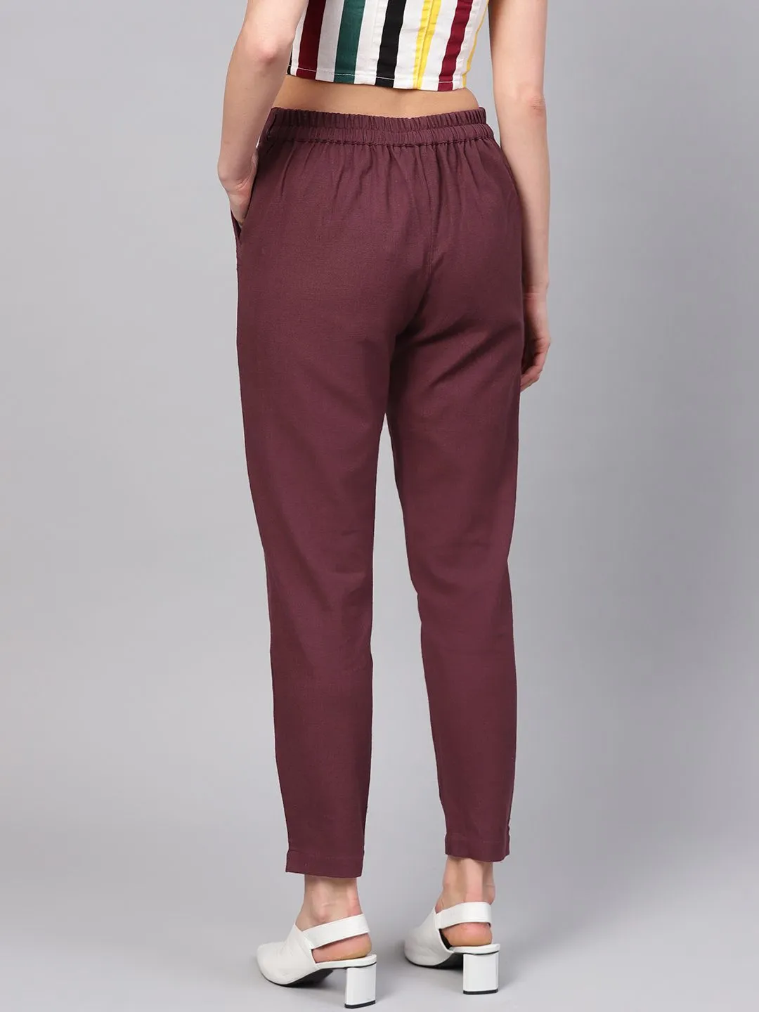 Burgundy Solid Cotton Slub Straight Pants