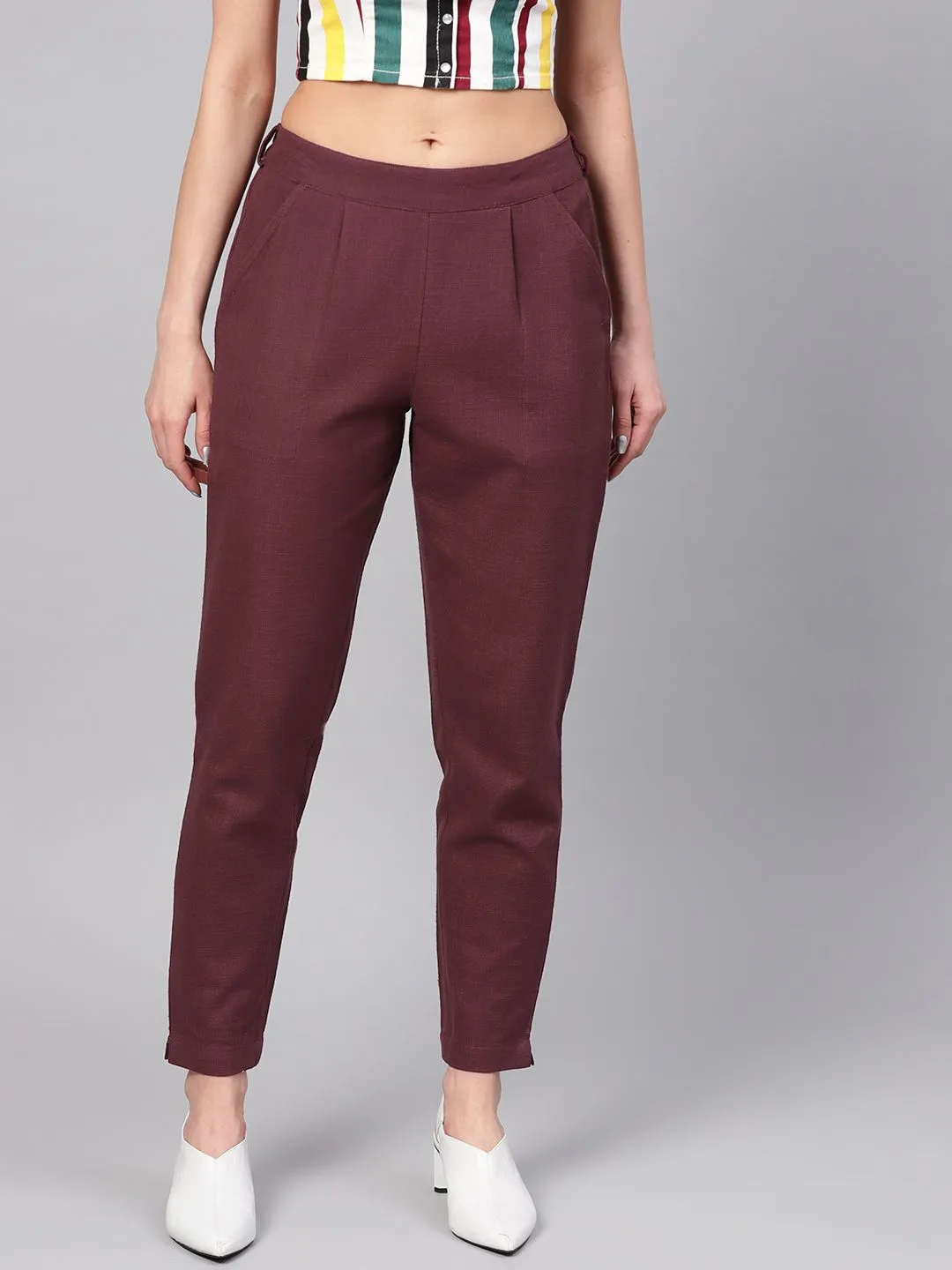 Burgundy Solid Cotton Slub Straight Pants