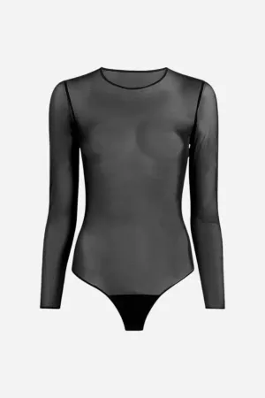 Commando Chic Mesh Long Sleeve Bodysuit in Black