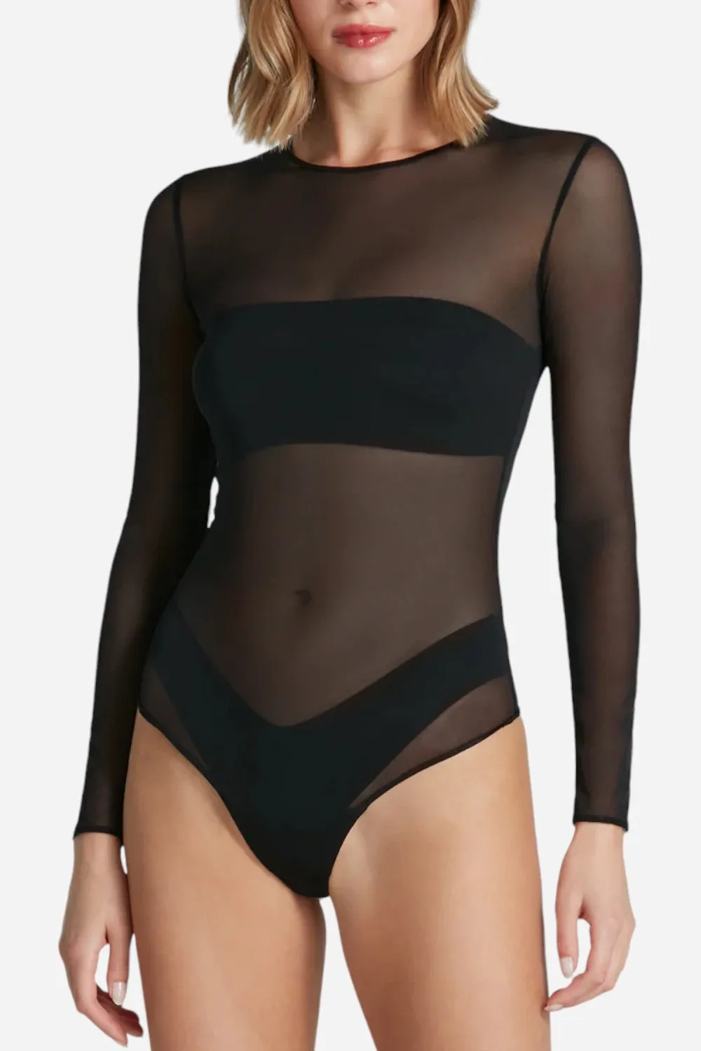 Commando Chic Mesh Long Sleeve Bodysuit in Black