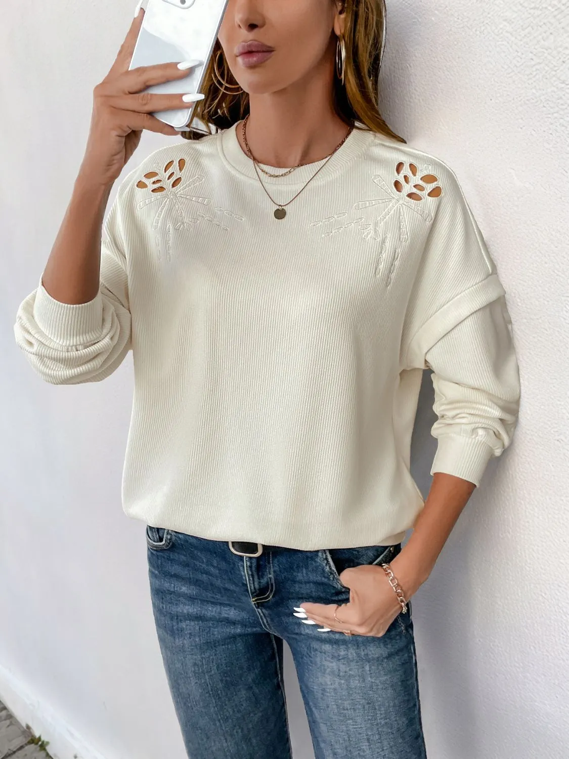 Cutout Round Neck Long Sleeve Sweatshirt | Winter Fashion | Cozy Sweater