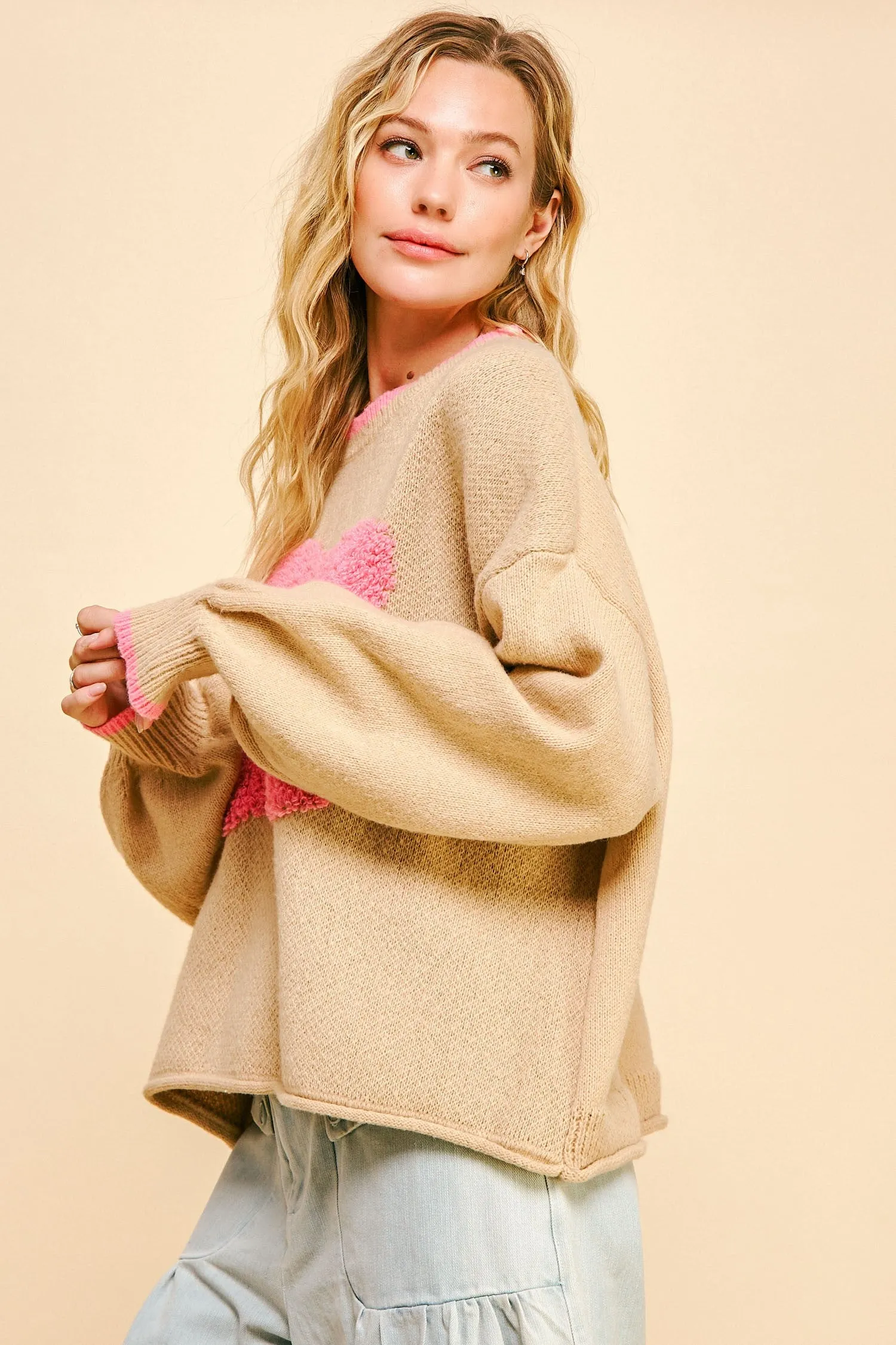 Davi & Dani OVERSIZED Textured Knit Large Daisy Sweater in Beige