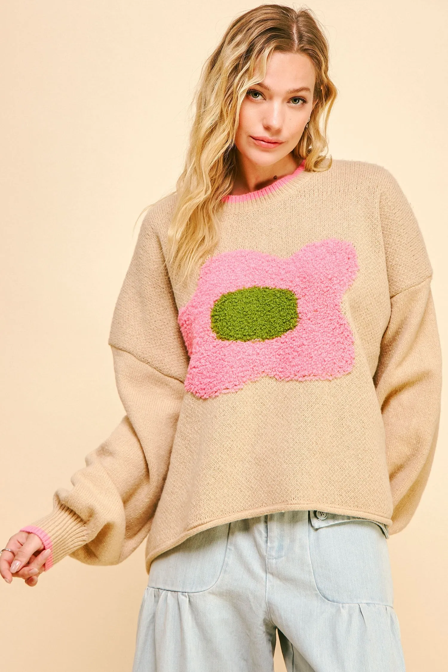 Davi & Dani OVERSIZED Textured Knit Large Daisy Sweater in Beige