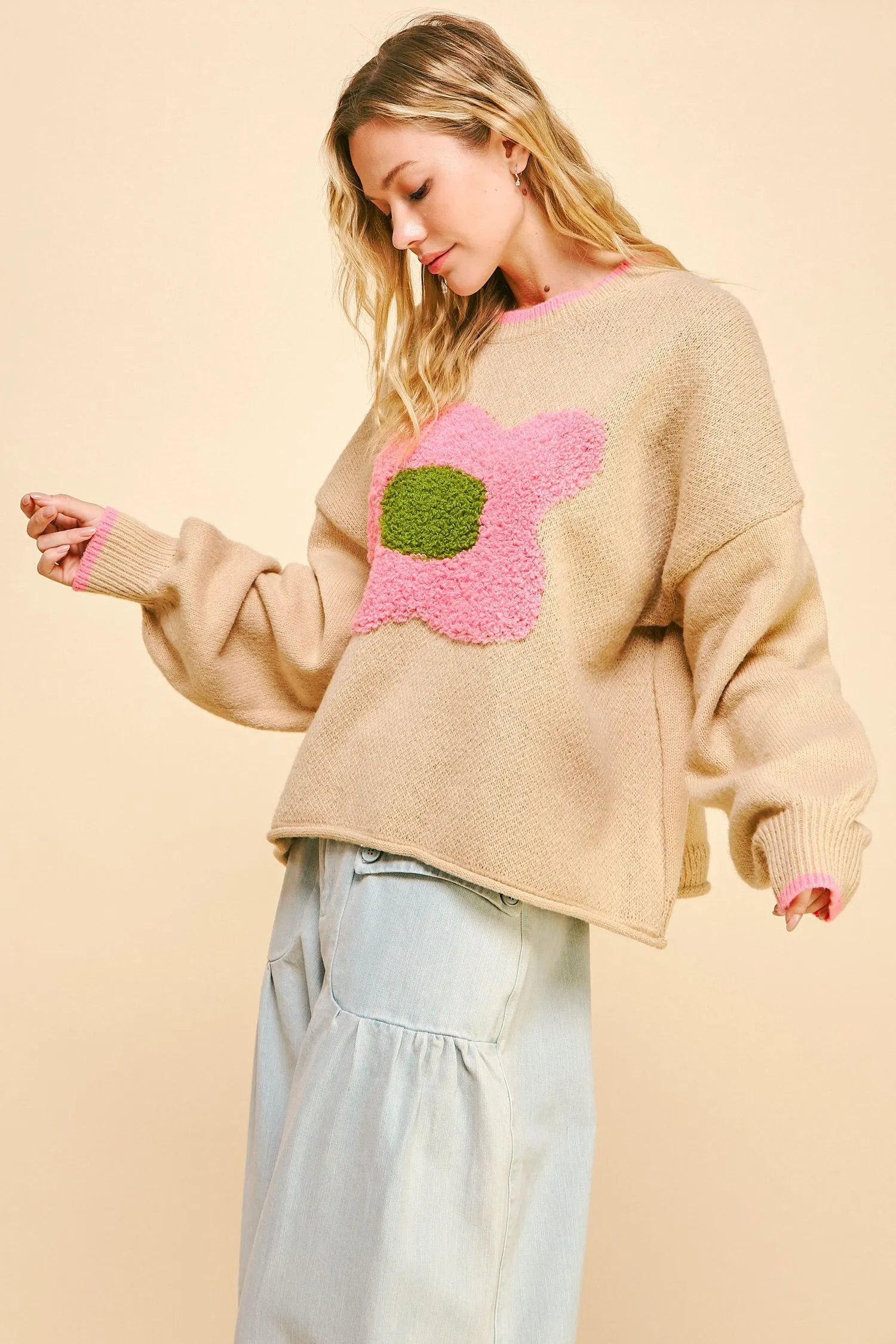 Davi & Dani OVERSIZED Textured Knit Large Daisy Sweater in Beige