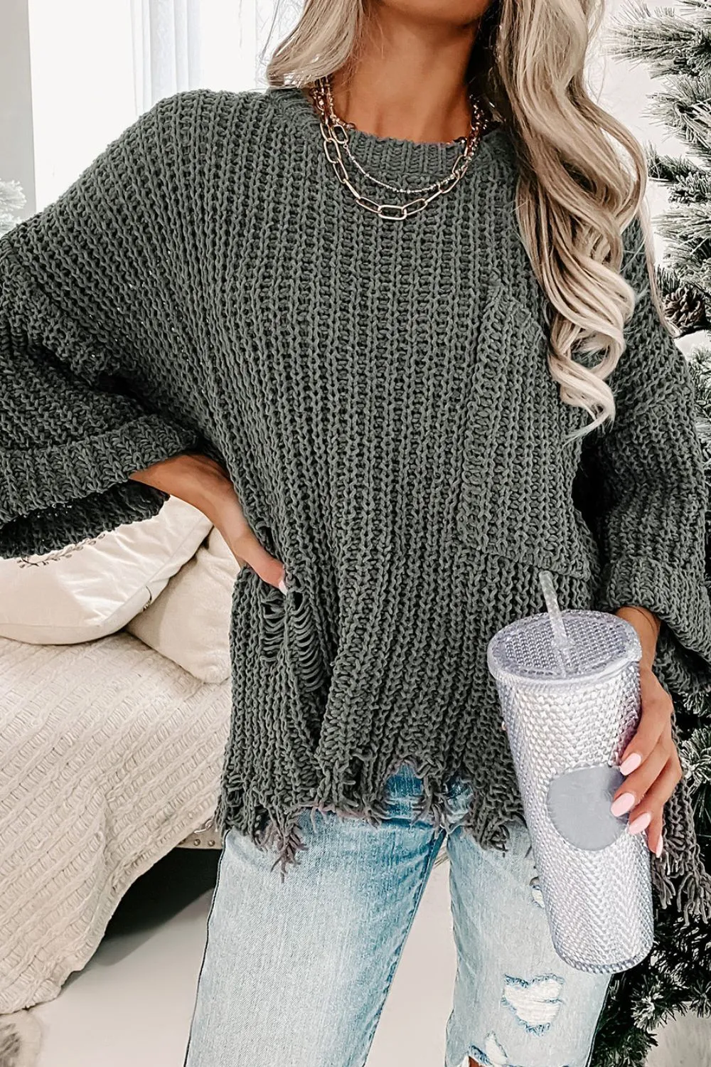 Distressed Round Neck Drop Shoulder Sweater | Oversized Sweaters | Cozy Weather