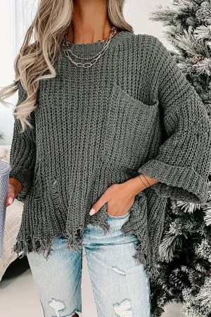 Distressed Round Neck Drop Shoulder Sweater | Oversized Sweaters | Cozy Weather