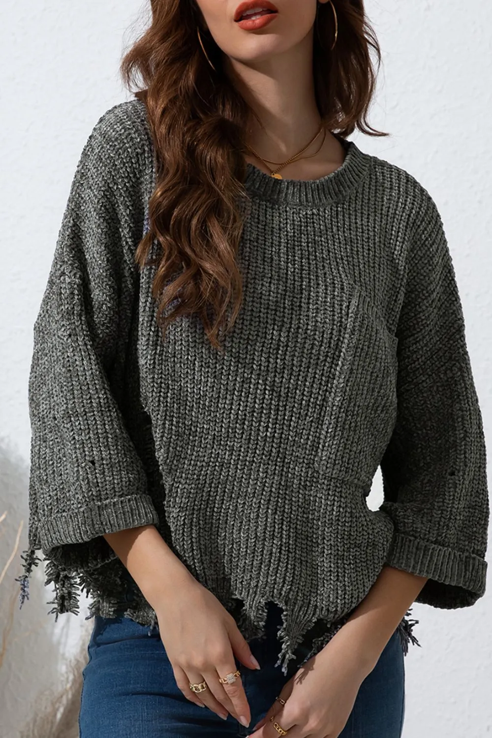 Distressed Round Neck Drop Shoulder Sweater | Oversized Sweaters | Cozy Weather