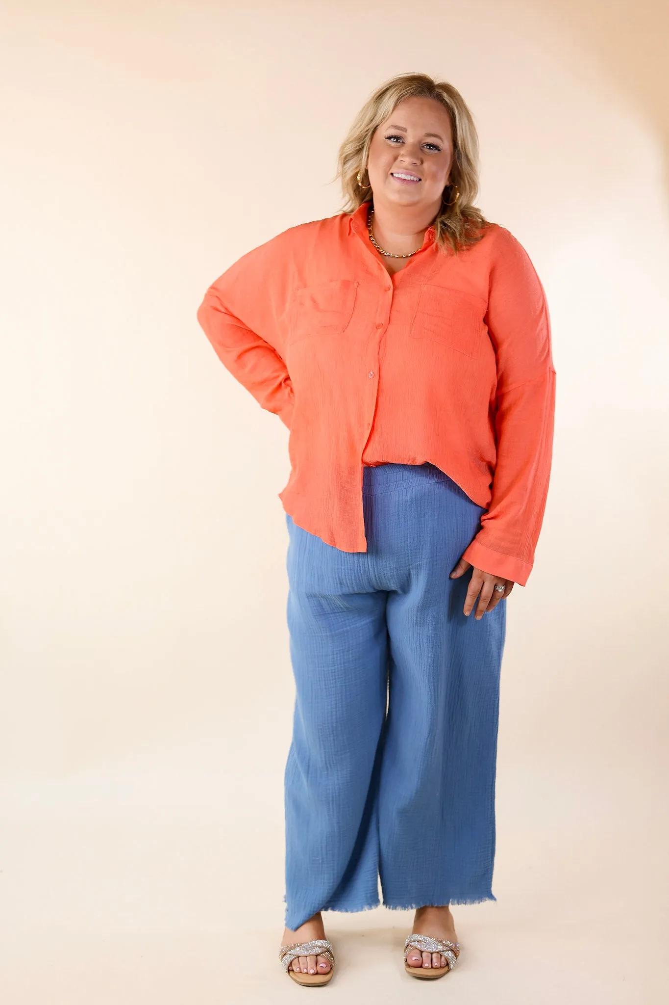 Effortlessly Charming Button Up With Crepe Fabric Top in Coral Orange