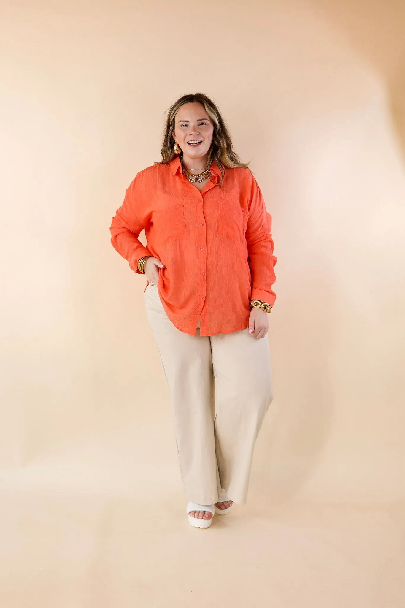 Effortlessly Charming Button Up With Crepe Fabric Top in Coral Orange