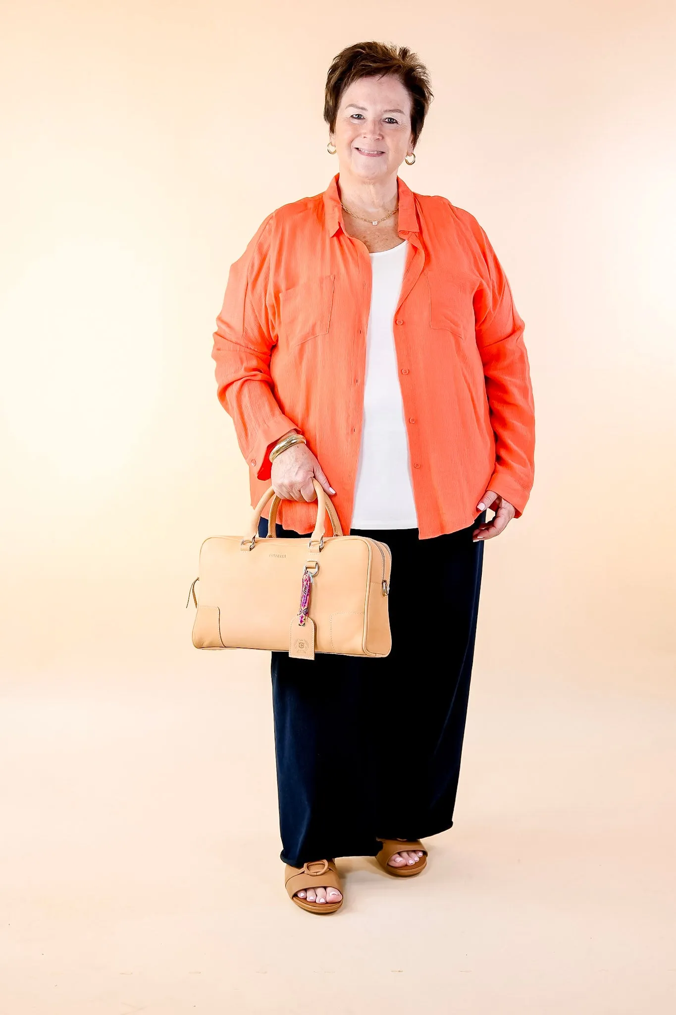 Effortlessly Charming Button Up With Crepe Fabric Top in Coral Orange