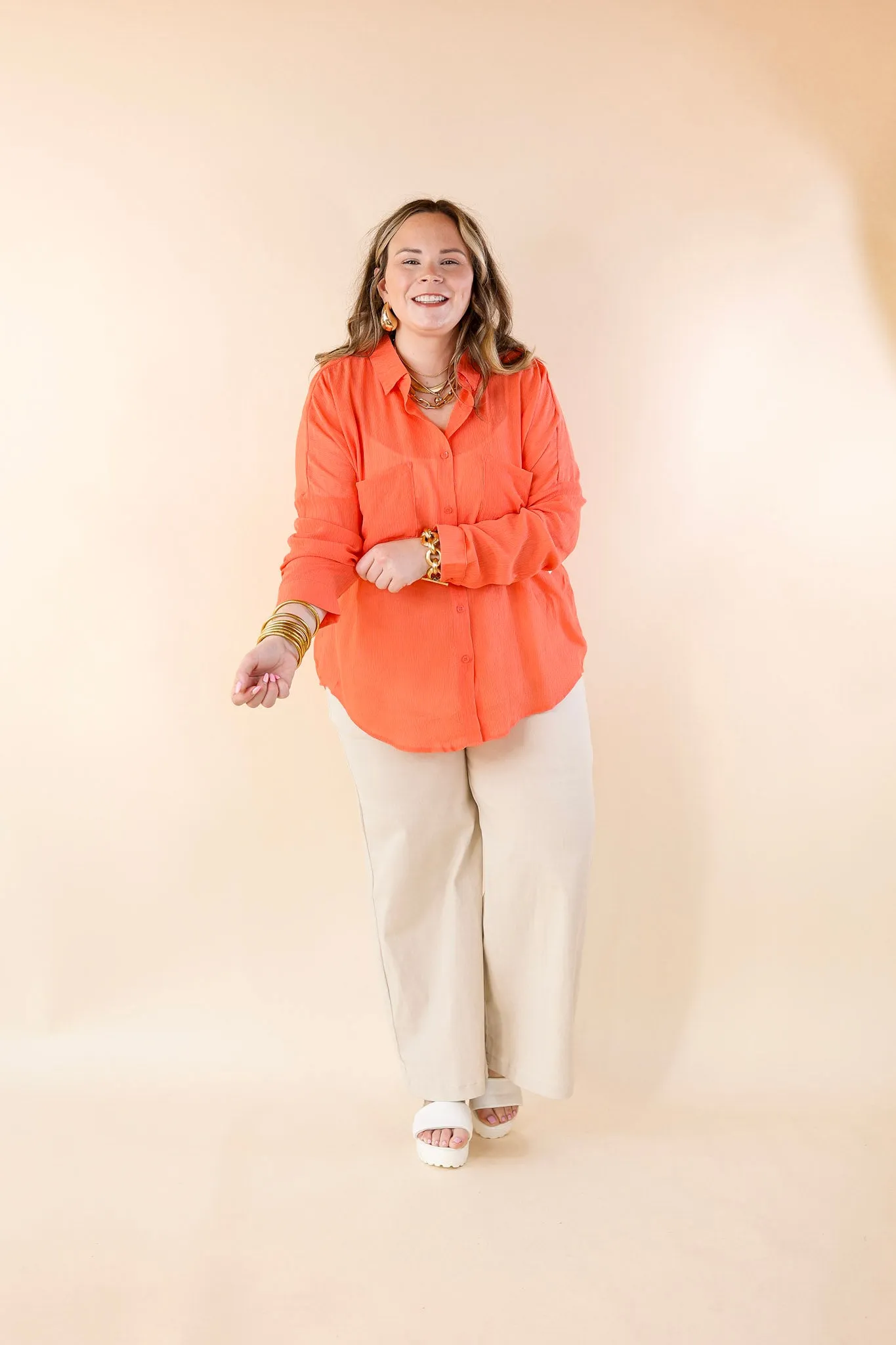 Effortlessly Charming Button Up With Crepe Fabric Top in Coral Orange