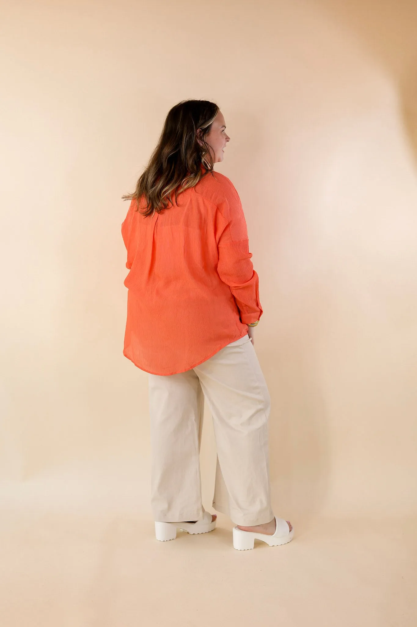 Effortlessly Charming Button Up With Crepe Fabric Top in Coral Orange