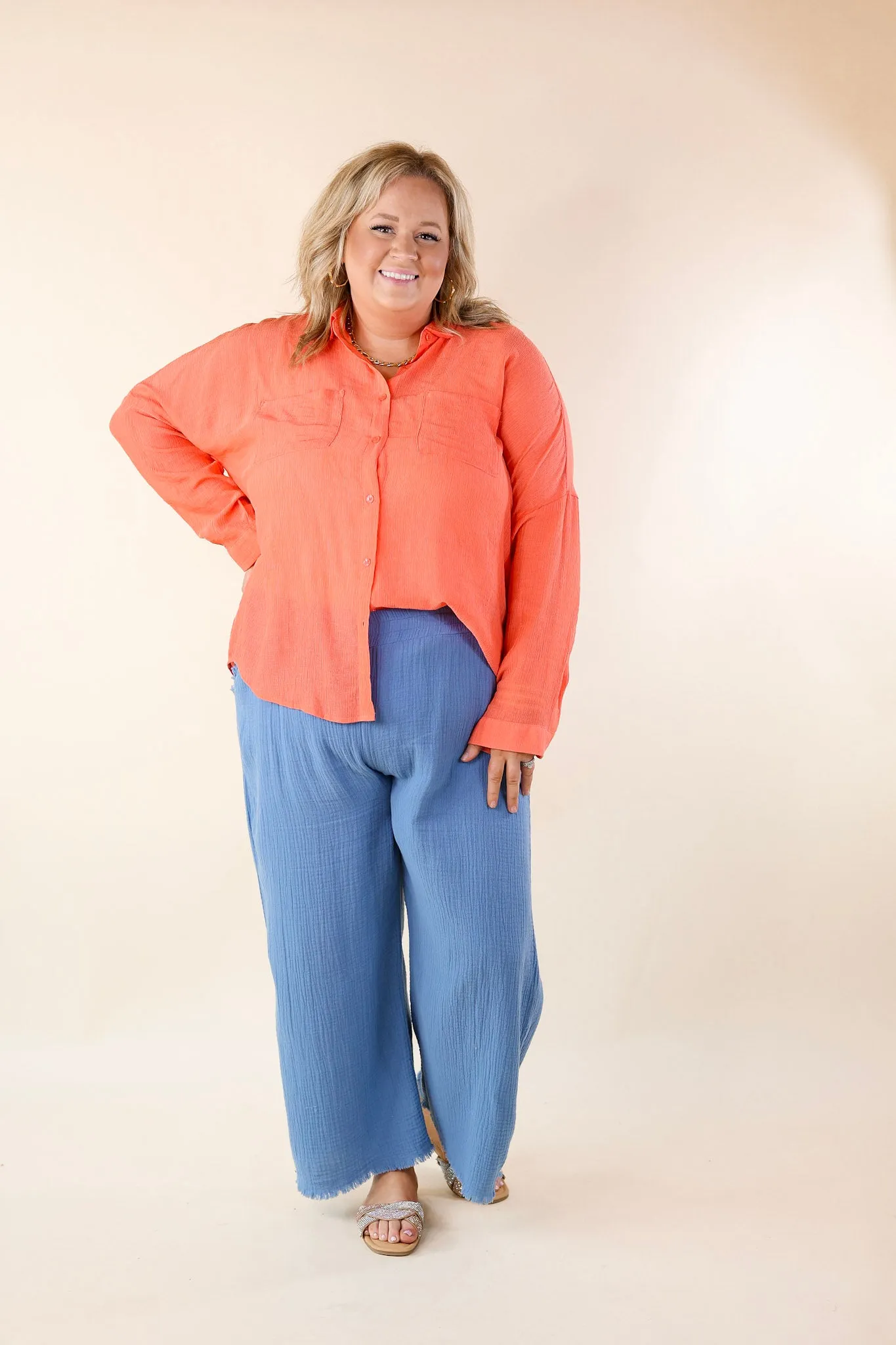 Effortlessly Charming Button Up With Crepe Fabric Top in Coral Orange