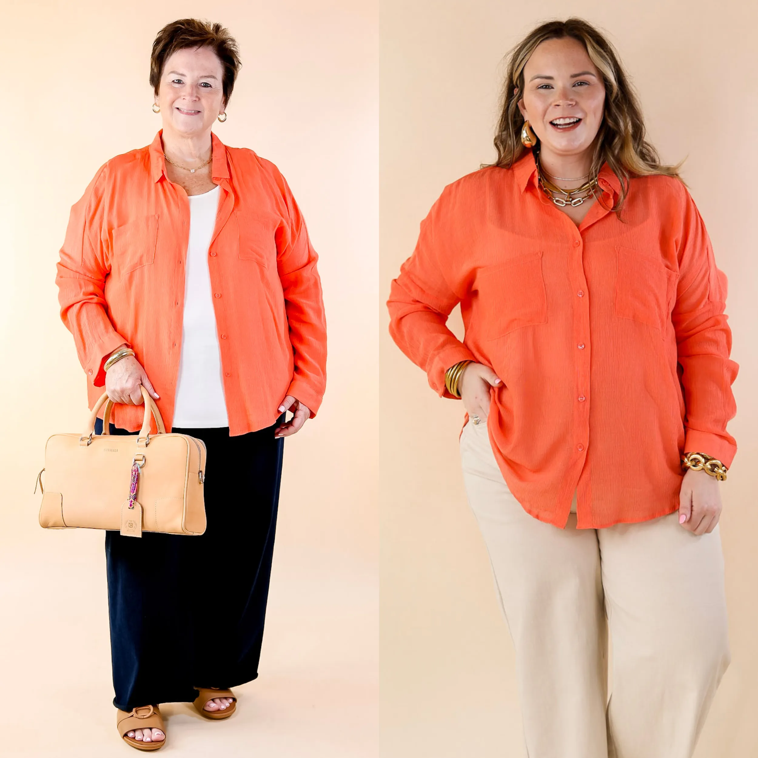 Effortlessly Charming Button Up With Crepe Fabric Top in Coral Orange