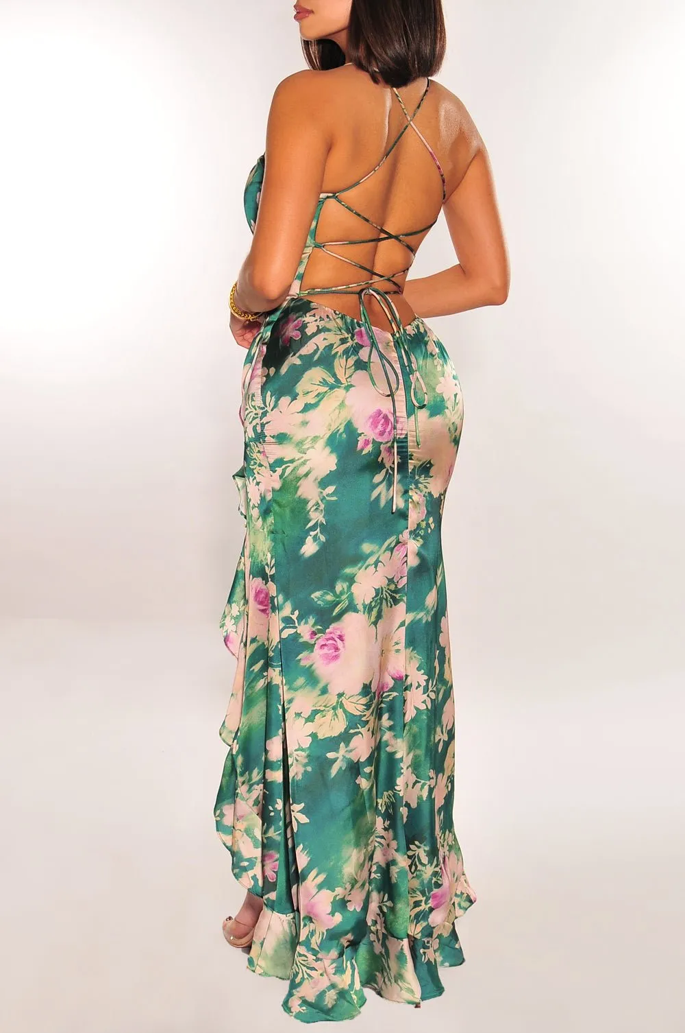 Emerald Floral Criss Cross Lace Up Corset Ruffle Slit Dress