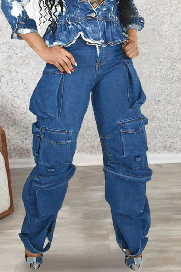 Fashion Versatile Style Utility Pockets Jeans