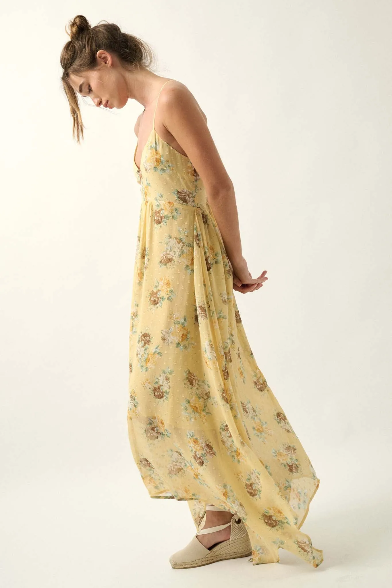 Fresh Roses Floral Swiss Dot Chiffon Maxi Dress