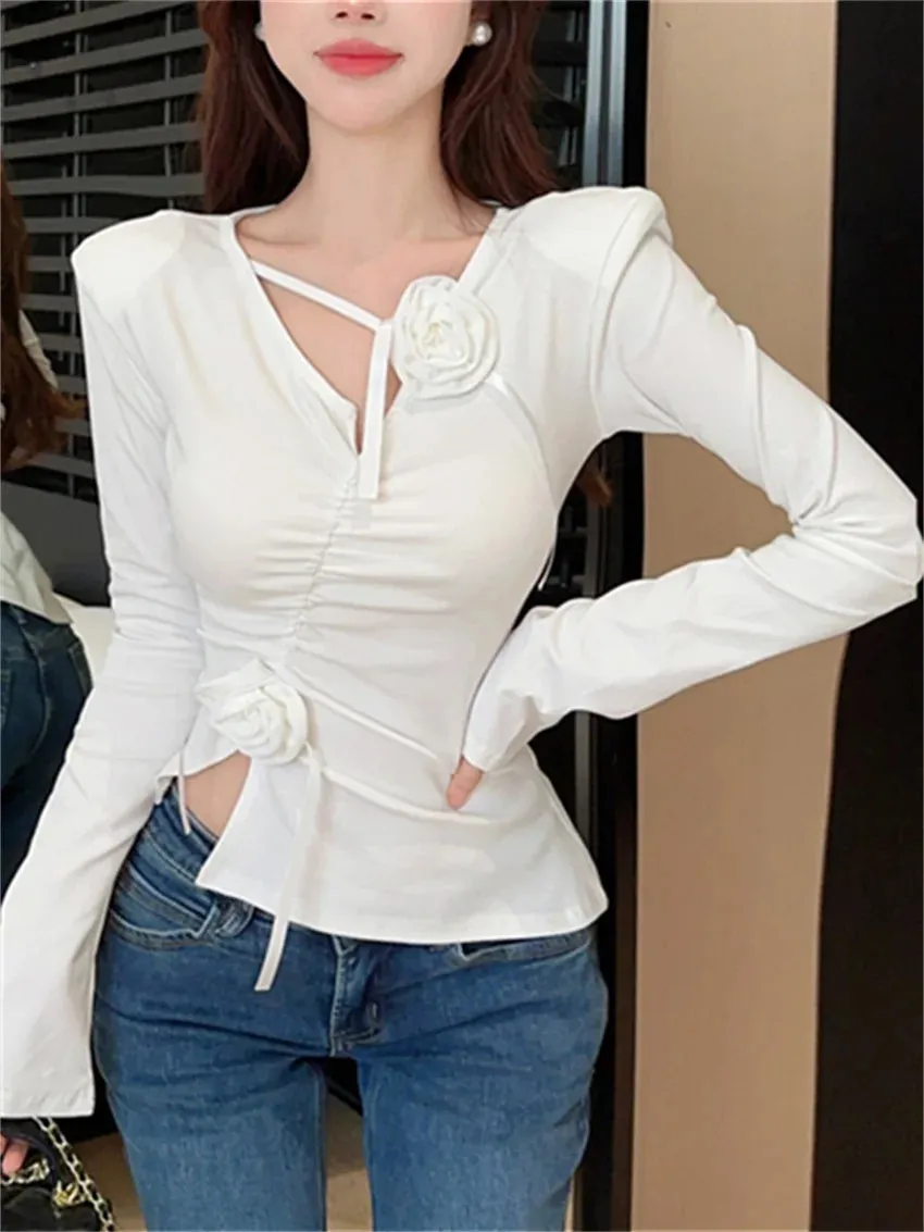 Girlary Spring New Slim T-shirts Women Florals High Street 2024 V-Neck Sexy Gentle Casual Chic Full Sleeve Daily Office Lady Tee