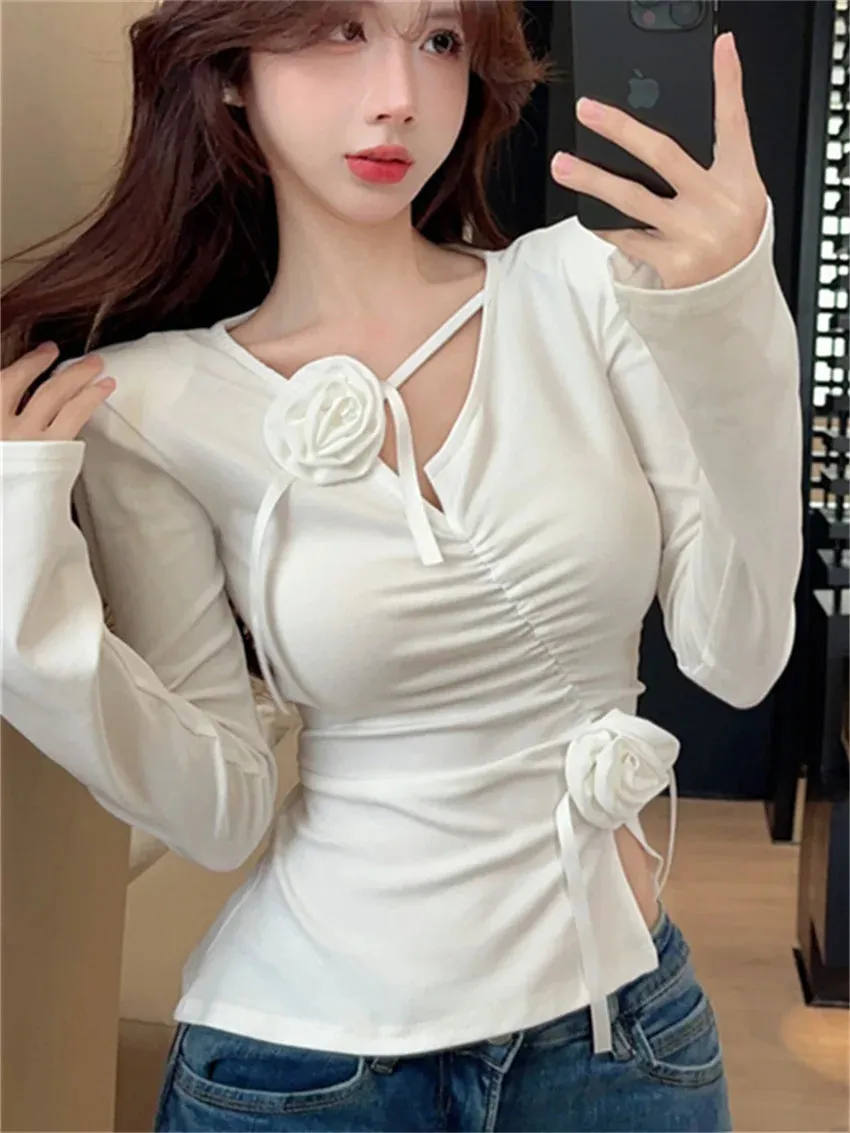 Girlary Spring New Slim T-shirts Women Florals High Street 2024 V-Neck Sexy Gentle Casual Chic Full Sleeve Daily Office Lady Tee