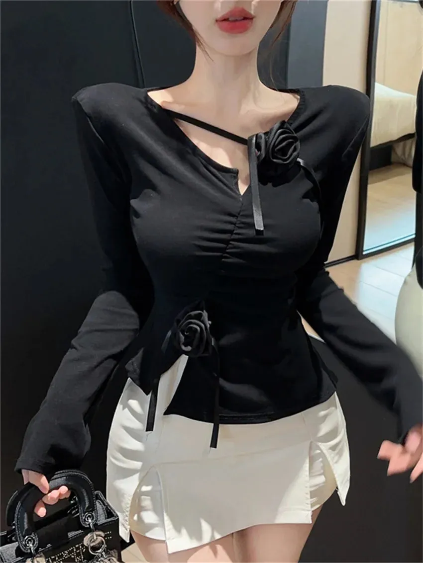 Girlary Spring New Slim T-shirts Women Florals High Street 2024 V-Neck Sexy Gentle Casual Chic Full Sleeve Daily Office Lady Tee