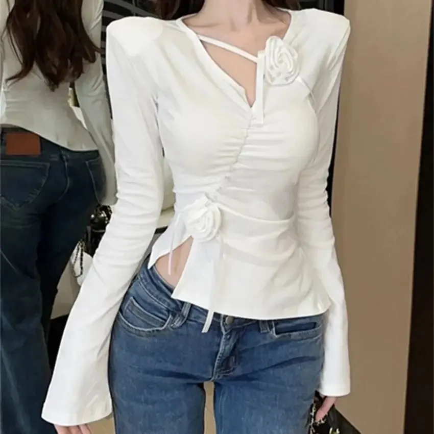 Girlary Spring New Slim T-shirts Women Florals High Street 2024 V-Neck Sexy Gentle Casual Chic Full Sleeve Daily Office Lady Tee