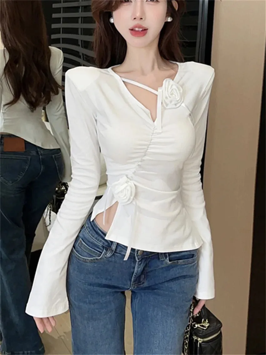 Girlary Spring New Slim T-shirts Women Florals High Street 2024 V-Neck Sexy Gentle Casual Chic Full Sleeve Daily Office Lady Tee