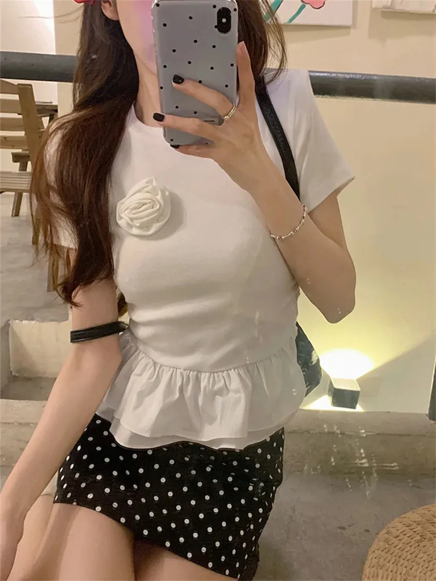 Girlary Summer Ruffles T-Shirts Women Fashion Slim 2024 Florals Sweet Daily Short Sleeve New Chic Casual All Match Gentle Tees