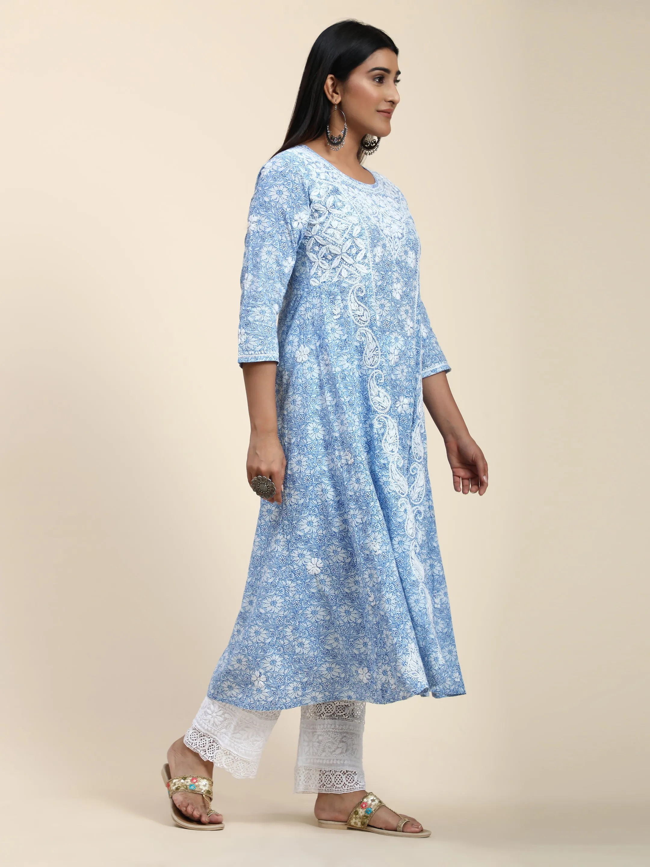 HOK Chikankari Anarkali Stylish Kurti -Printed Blue