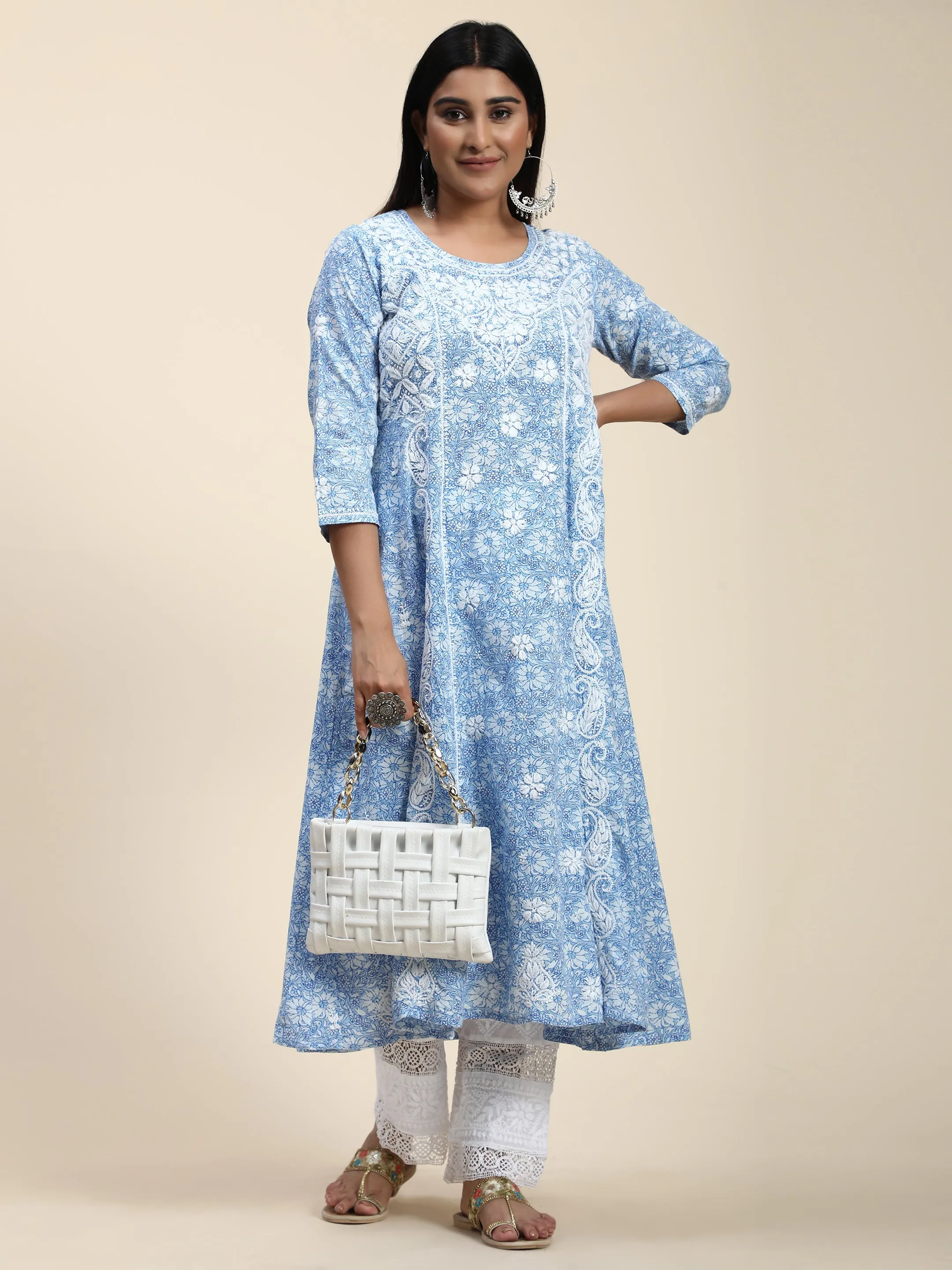 HOK Chikankari Anarkali Stylish Kurti -Printed Blue