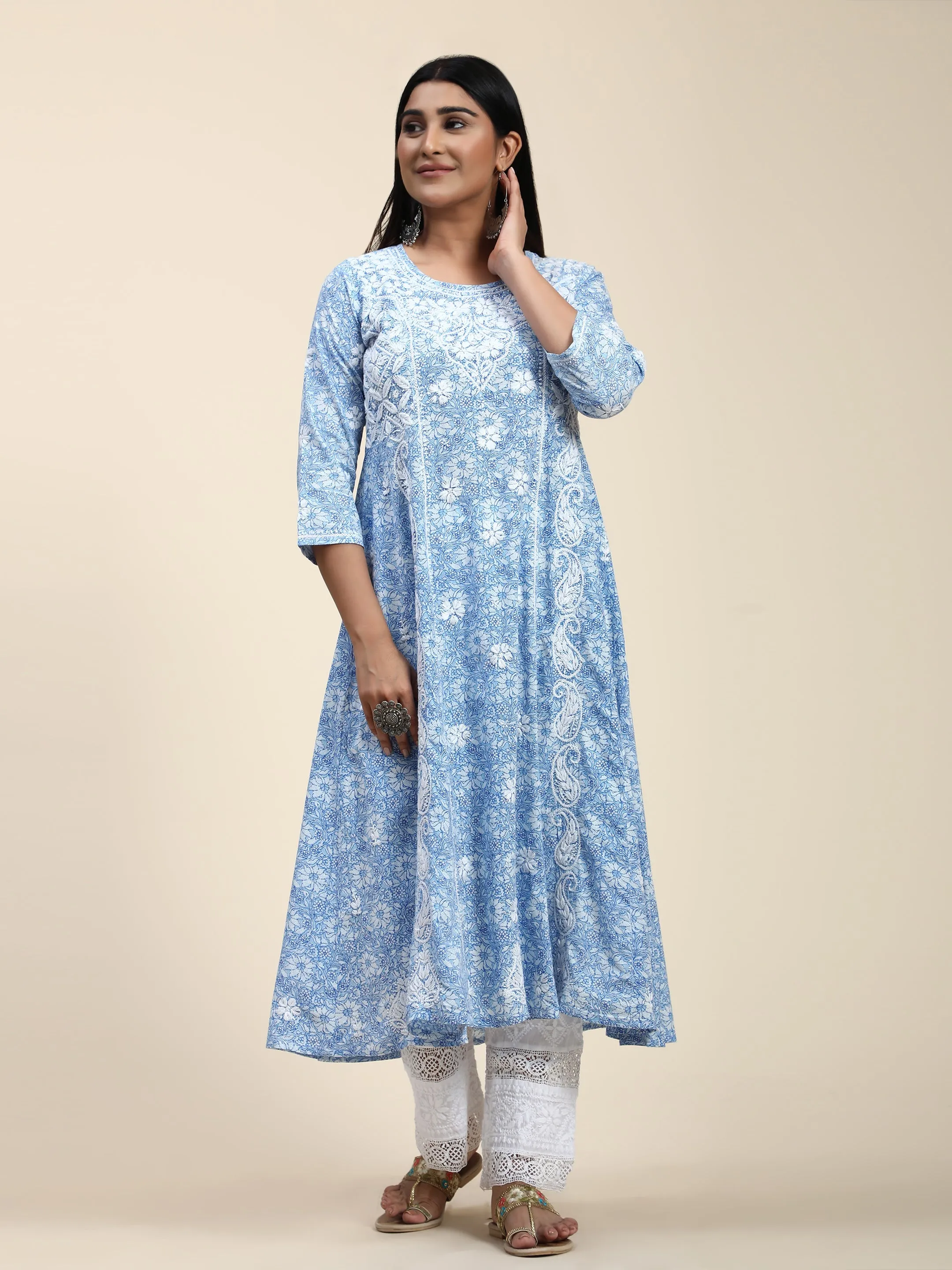 HOK Chikankari Anarkali Stylish Kurti -Printed Blue