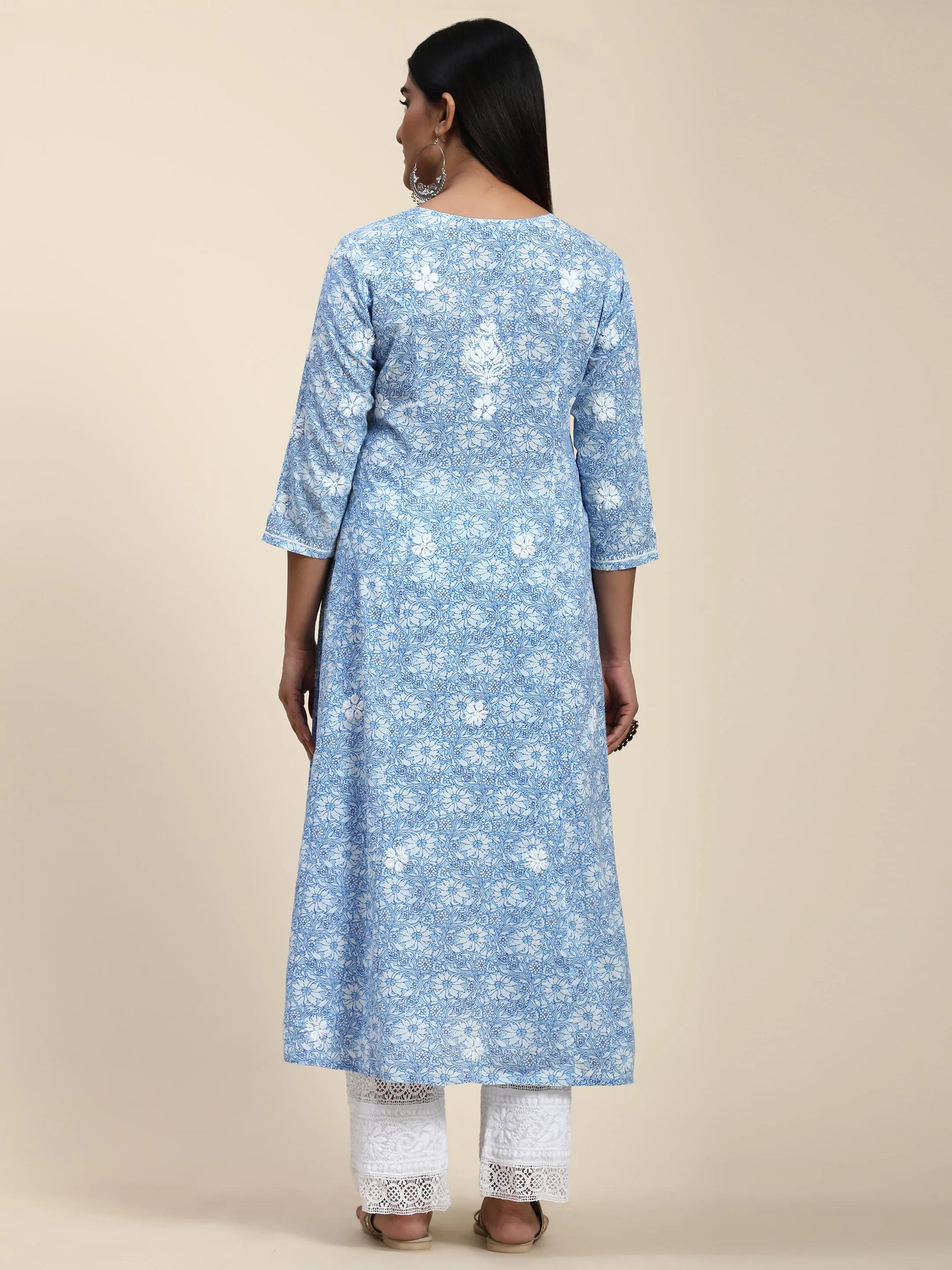 HOK Chikankari Anarkali Stylish Kurti -Printed Blue