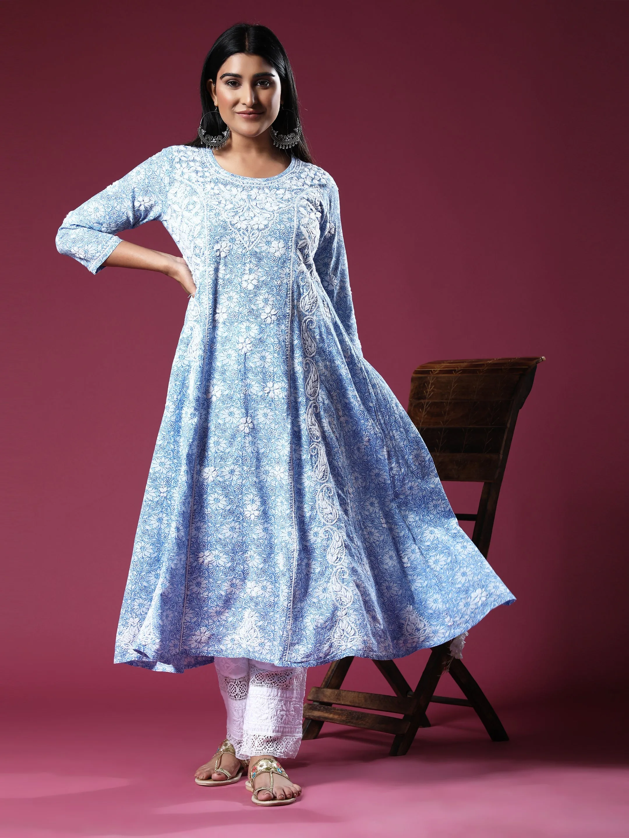 HOK Chikankari Anarkali Stylish Kurti -Printed Blue