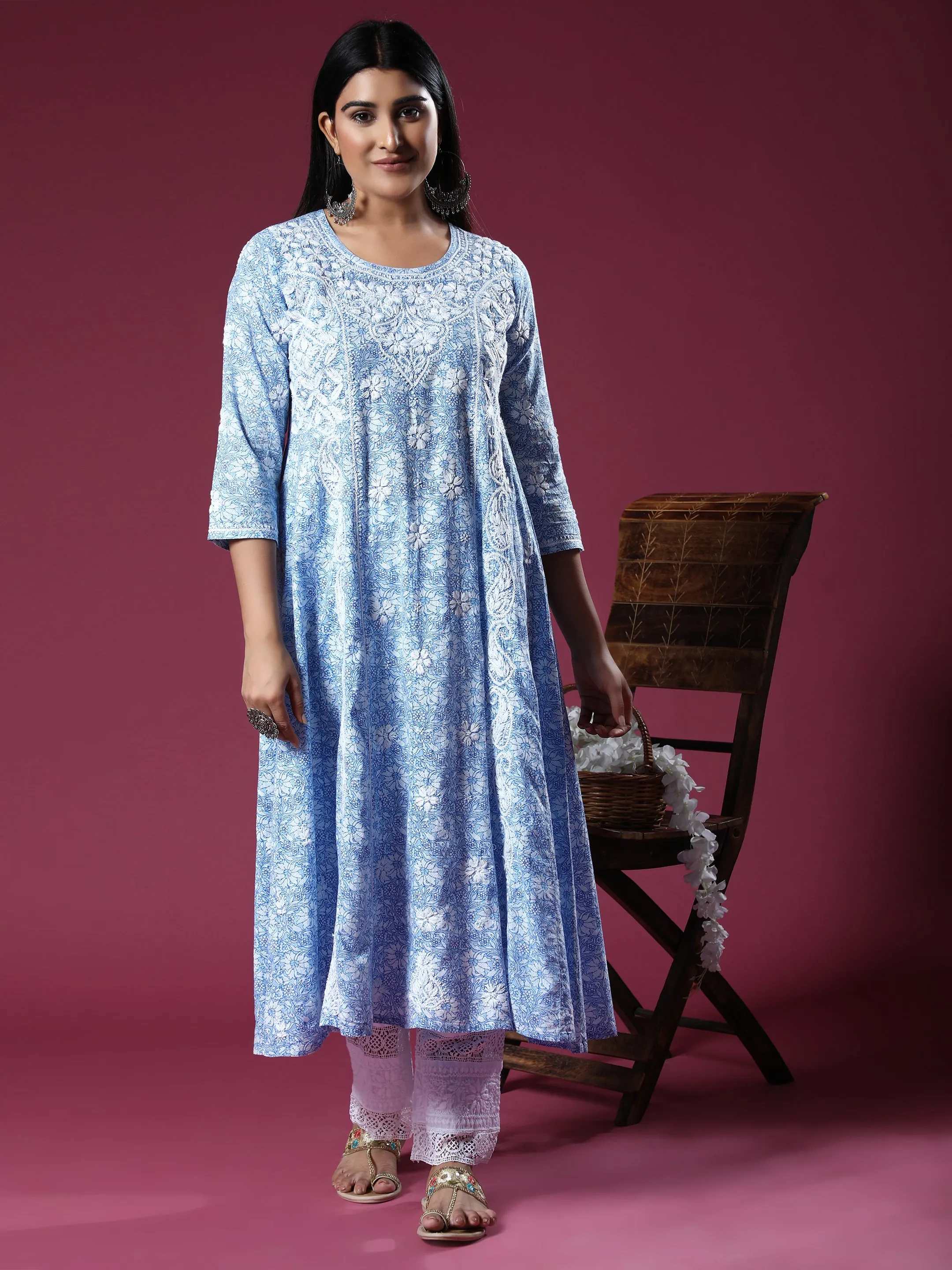 HOK Chikankari Anarkali Stylish Kurti -Printed Blue