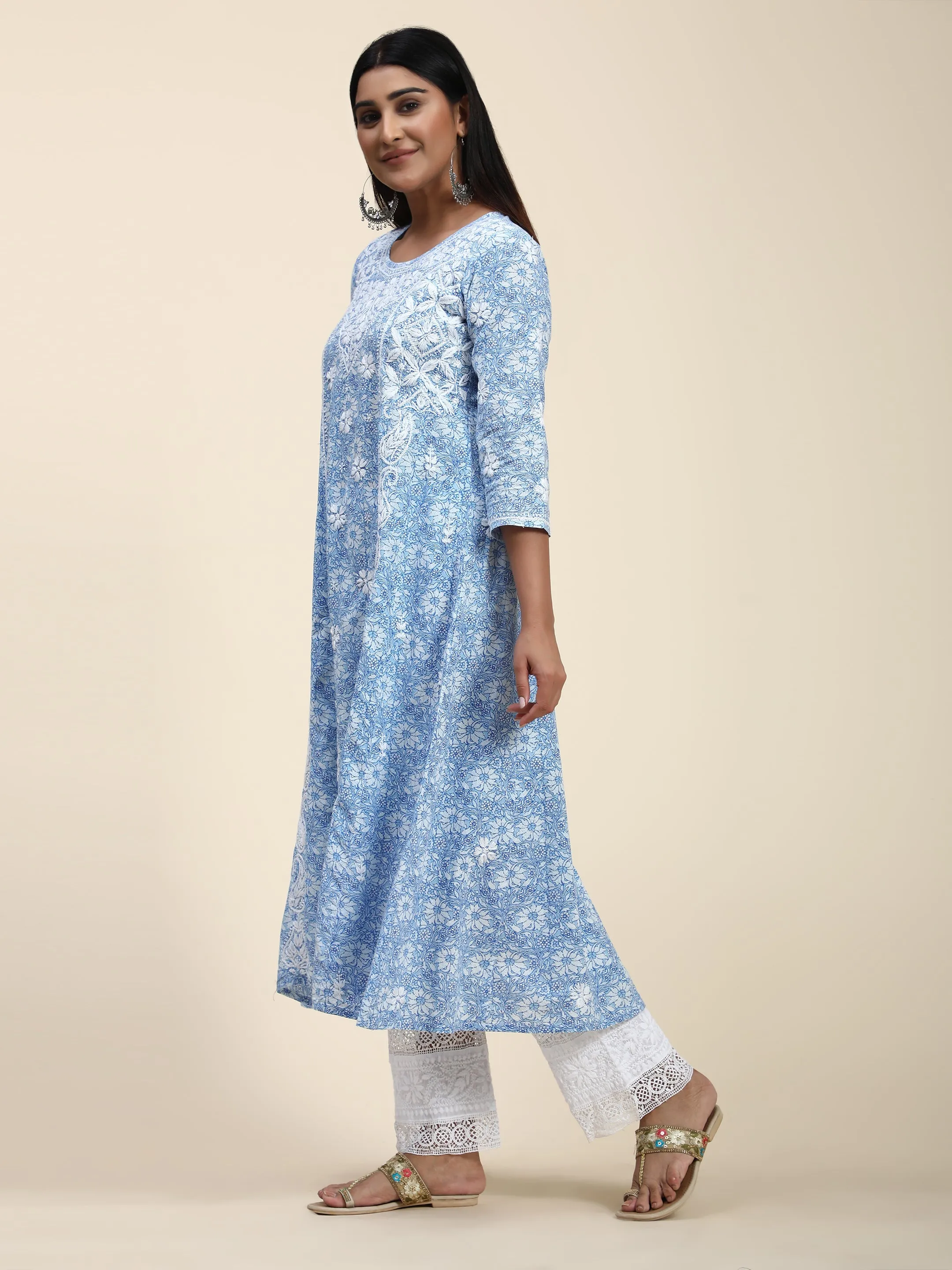 HOK Chikankari Anarkali Stylish Kurti -Printed Blue