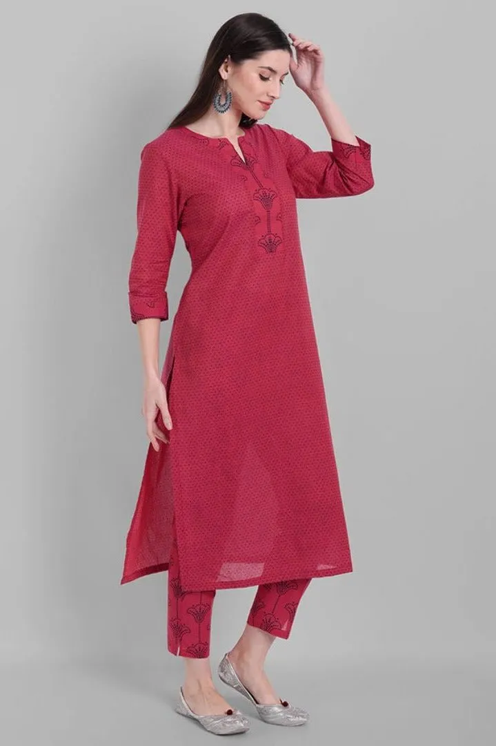 Hot Pink Rangoli Cotton Kurta Pants Set