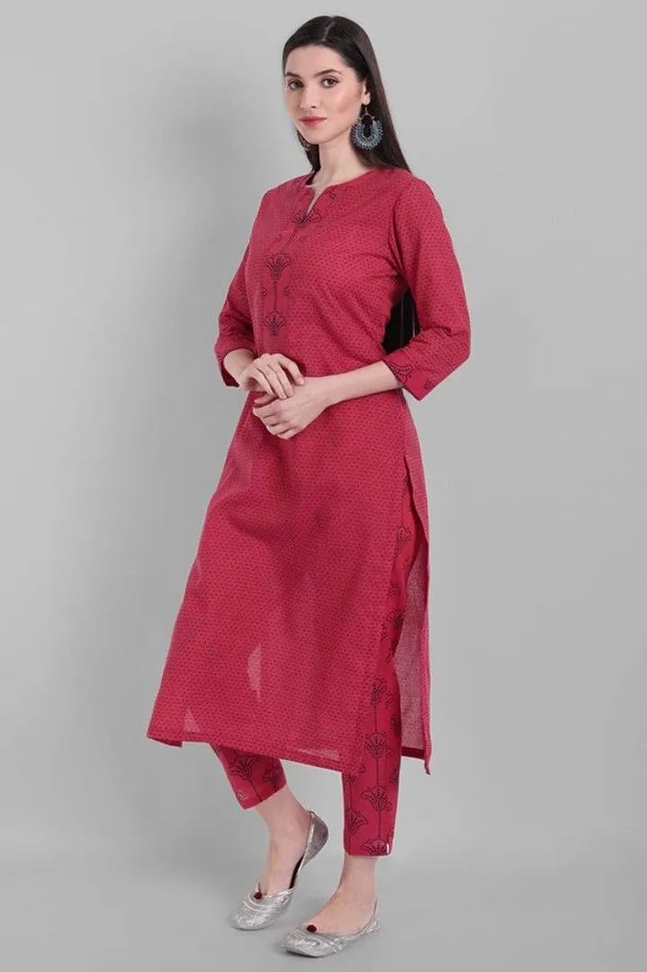 Hot Pink Rangoli Cotton Kurta Pants Set