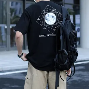 Japanese Streetwear Moon Print Oversized T-Shirts with Short Sleeves