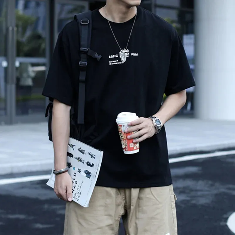 Japanese Streetwear Moon Print Oversized T-Shirts with Short Sleeves