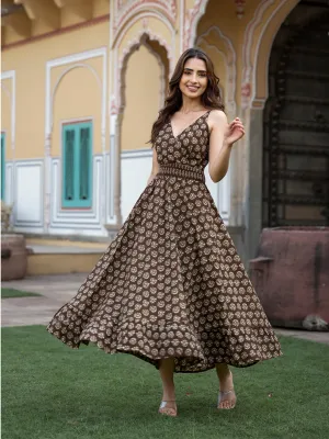 Jashvi Brown Floral Print Pure Cotton Fit & Flare Dress